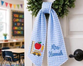 Personalized Teacher Wreath Sash, Custom Name Gingham Door Bow, Embroidered Classroom Decor, Back To School Gift