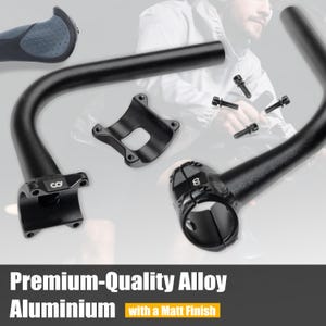 May include: Black bicycle handlebar components, including a curved handlebar, a stem, and mounting hardware. The components are made of alloy aluminum with a matte finish. The image also includes a gray grip and the text "Premium-Quality Alloy Aluminium with a Matt Finish."