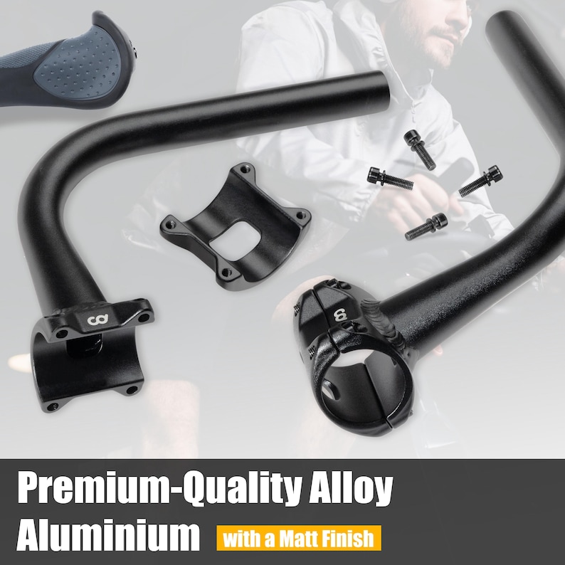 May include: Black bicycle handlebar components, including a curved handlebar, a stem, and mounting hardware. The components are made of alloy aluminum with a matte finish. The image also includes a gray grip and the text "Premium-Quality Alloy Aluminium with a Matt Finish."