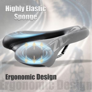 May include: A black and gray bicycle seat with the text "Highly Elastic Sponge" and "Ergonomic Design". The seat has a curved design with the brand name "Venture" printed on the side. The seat is designed for comfort and support.
