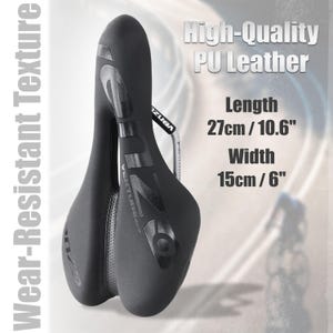 May include: A black bicycle seat made of PU leather. The seat has the text "VENZUBA" and "VENTURE" printed on it. The seat is 10.6 inches long and 6 inches wide. The image also includes the text "Wear-Resistant Texture" and "High-Quality PU Leather".