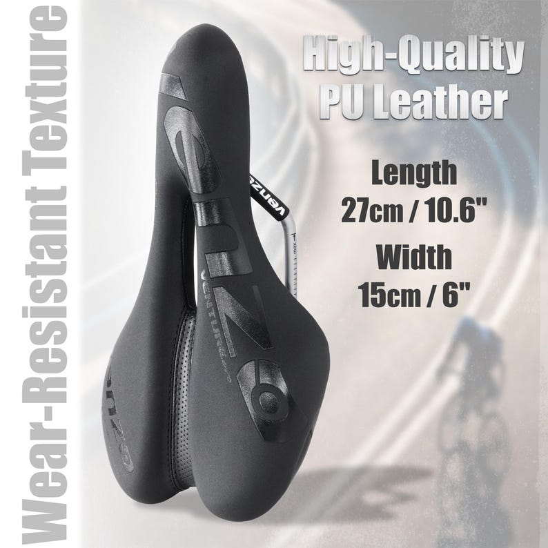 May include: A black bicycle seat made of PU leather. The seat has the text "VENZUBA" and "VENTURE" printed on it. The seat is 10.6 inches long and 6 inches wide. The image also includes the text "Wear-Resistant Texture" and "High-Quality PU Leather".