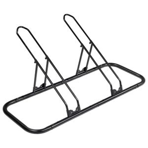 May include: A black metal bicycle rack with a rectangular base and two arched supports. The rack is designed to hold two bicycles and is made of sturdy metal. The supports are angled for stability.