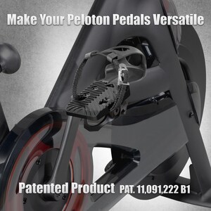 May include: Close-up of a black Peloton bike pedal with a strap. The image includes the text "Make Your Peloton Pedals Versatile" and "Patented Product PAT. 11,091,222 B1". The bike wheel is visible with a red accent.