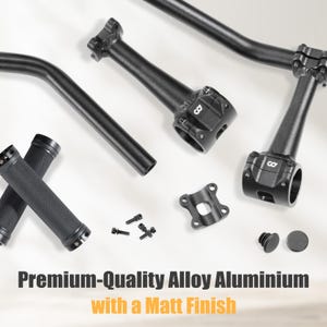 May include: An assortment of black alloy aluminum bicycle components with a matte finish. The image includes handlebars, stems, grips, and small hardware. The text at the bottom reads "Premium-Quality Alloy Aluminium with a Matt Finish."