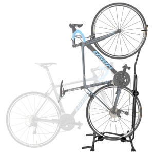 May include: A black bicycle stand holding a road bike with blue accents. The stand has a sturdy base and a curved support for the front wheel. The bike has black wheels and a gray frame with the brand name "HASA".