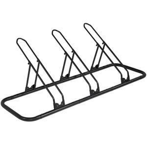 May include: A black metal bike rack designed to hold three bicycles. The rack features a rectangular base with three arched supports for the bike wheels. The supports are connected by angled bars, creating a sturdy structure for bicycle storage.