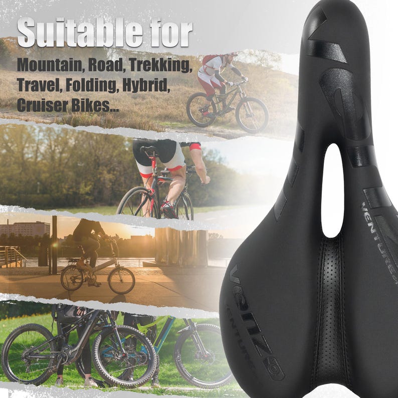 May include: Black bicycle seat with the text "VENTURE". The seat has a curved design with a central cutout. The image also includes text that reads "Suitable for Mountain, Road, Trekking, Travel, Folding, Hybrid, Cruiser Bikes..."