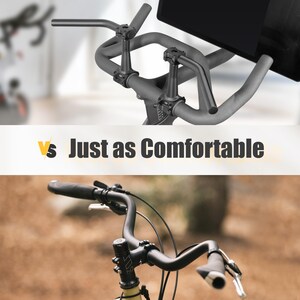 Puede incluir: La imagen muestra dos manillares de bicicleta. El manillar superior es gris y tiene una forma inusual, mientras que el inferior es negro y de dise&ntilde;o m&aacute;s convencional. Tambi&eacute;n se muestra el texto "Just as Comfortable".