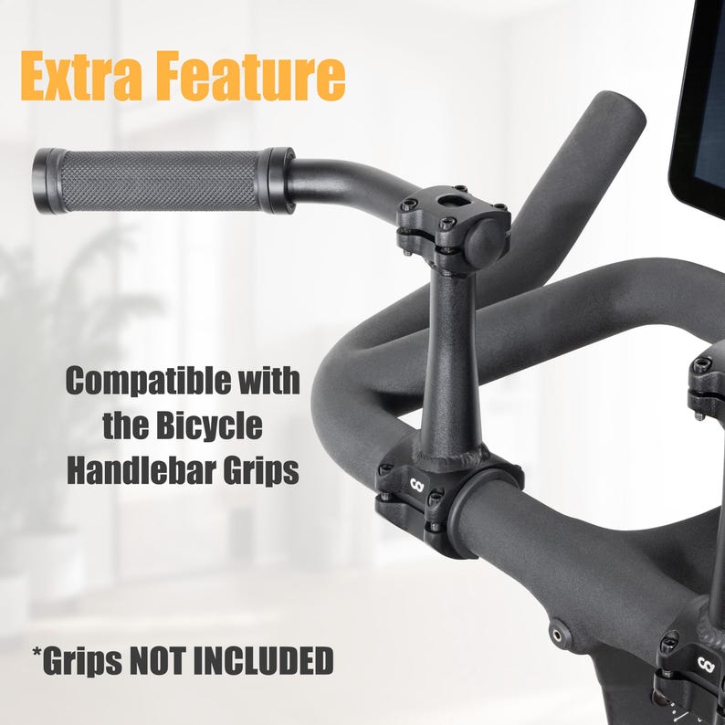 Puede incluir: Primer plano de un manillar de bicicleta negro con un agarre texturizado. El texto "Extra Feature" est&aacute; en amarillo. El texto "Compatible with the Bicycle Handlebar Grips" est&aacute; en la imagen. El texto "*Grips NOT INCLUDED" tambi&eacute;n est&aacute; en la imagen.