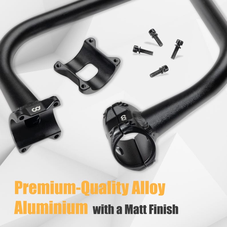 May include: Black bicycle handlebar components, including a curved handlebar, a mounting bracket, and several small bolts. The components are made of a premium-quality alloy aluminum with a matte finish. The text in the image reads "Premium-Quality Alloy Aluminium with a Matt Finish."