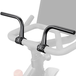 May include: Black handlebar extensions attached to a stationary bike. The curved extensions provide additional hand positions. The handlebar extensions are made of metal and have a matte finish. The extensions are attached to the bike's handlebars with a clamp.