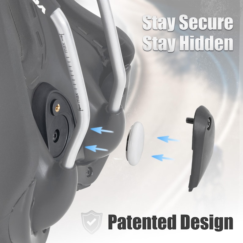 May include: A gray bicycle seat with white and silver accents, featuring a detached white component and a black cover with a screw. Text reads "Stay Secure Stay Hidden" and "Patented Design".