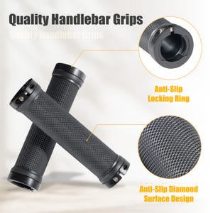 May include: Black handlebar grips with an anti-slip diamond surface design. The grips have an anti-slip locking ring. The text "Quality Handlebar Grips" is displayed at the top of the image.