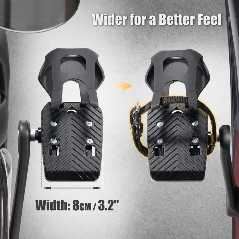 May include: Black bicycle pedals with a textured surface and a strap. The image shows the width of the pedal is 3.2 inches. The text on the image says "Wider for a Better Feel."