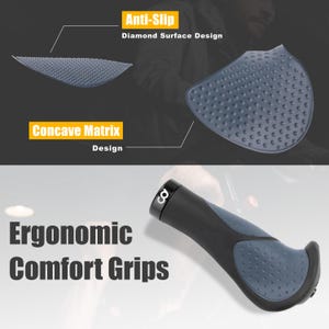 May include: Ergonomic comfort grips for bicycles. The grips are black and gray with a diamond surface design for anti-slip. The text "Ergonomic Comfort Grips" is displayed in white. The design includes a concave matrix.