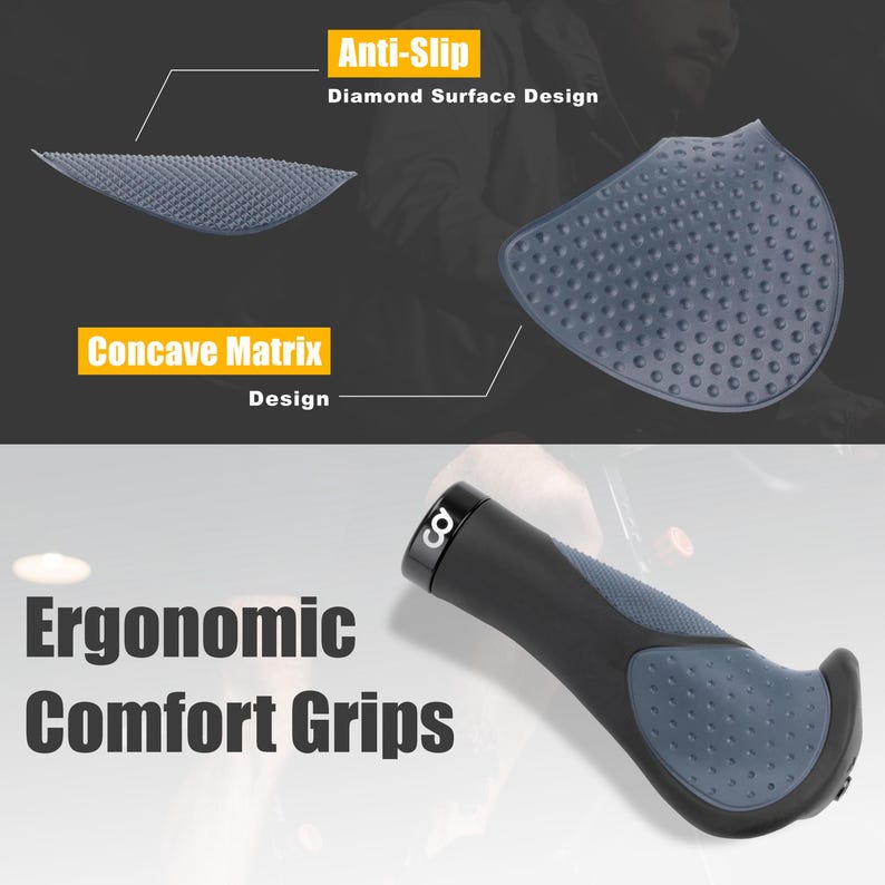 May include: Ergonomic comfort grips for bicycles. The grips are black and gray with a diamond surface design for anti-slip. The text "Ergonomic Comfort Grips" is displayed in white. The design includes a concave matrix.