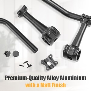 Puede incluir: Componentes de bicicleta de aleaci&oacute;n de aluminio negro con acabado mate. La imagen muestra manillares, una potencia, tornillos y otras piezas. El texto en la parte inferior dice "Premium-Quality Alloy Aluminium with a Matt Finish."