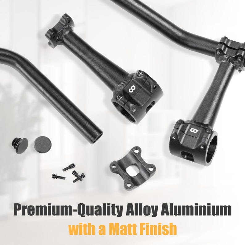 Puede incluir: Componentes de bicicleta de aleaci&oacute;n de aluminio negro con acabado mate. La imagen muestra manillares, una potencia, tornillos y otras piezas. El texto en la parte inferior dice "Premium-Quality Alloy Aluminium with a Matt Finish."