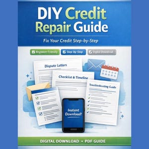 Op de afbeelding: Een digitale gids getiteld "DIY Credit Repair Guide" met de slogan "Fix Your Credit Step-by-Step". De afbeelding toont documenten, een smartphone met de tekst "Instant Download!" en pictogrammen. De gids is gelabeld "Beginner-Friendly" en "Step-by-Step".