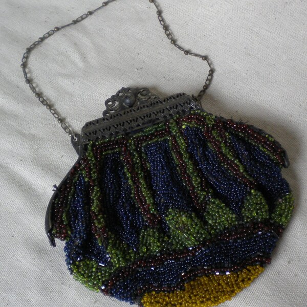 antique beaded chatelaine purse made in France hand made chatelaine purse hand stitched