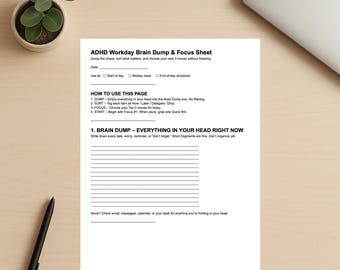 ADHD Workday Brain Dump Printable | Simple Daily Focus Planner (US Letter + A4)