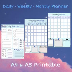 Può includere: Un set di planner stampabili A4 e A5, con layout giornalieri, settimanali e mensili. I design includono sezioni per liste di cose da fare, piani dei pasti e monitoraggio delle spese, con una combinazione di colori blu chiaro e bianco.