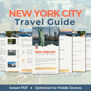 Może przedstawiać: Przewodnik turystyczny po Nowym Jorku z tekstem "NEW YORK CITY Travel Guide" w kolorze pomarańczowym i niebieskim. Przewodnik zawiera wskazówki, miejsca do odwiedzenia i sekcję pełnego doświadczenia. Przewodnik jest zoptymalizowany dla urządzeń mobilnych.