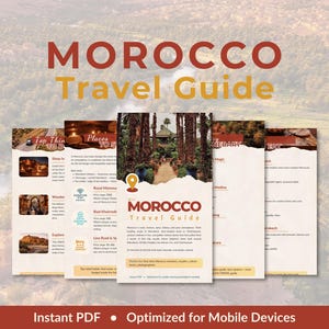 Puede incluir: Una guía de viaje titulada "MOROCCO Travel Guide" con un fondo escénico. La guía presenta varias páginas con imágenes y texto, incluyendo "Top Things To Do" y "Places To See". La guía está etiquetada como "PDF instantáneo" y "Optimizado para dispositivos móviles."