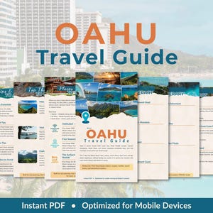 May include: A travel guide for Oahu, Hawaii, with the title "OAHU Travel Guide" in orange and blue. The guide includes tips, places to go, and travel information. The background shows a beach scene and buildings. The text "Instant PDF" and "Optimized for Mobile Devices" are also visible.