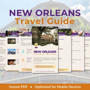 Może przedstawiać: Przewodnik po Nowym Orleanie z tytułem w kolorze fioletowym i pomarańczowym. Przewodnik jest plikiem PDF zoptymalizowanym dla urządzeń mobilnych. Przewodnik zawiera wskazówki, miejsca do odwiedzenia i pełne doświadczenie.