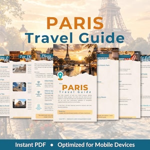 Może przedstawiać: Cyfrowy przewodnik turystyczny zatytułowany "PARIS Travel Guide", z Wieżą Eiffla w tle. Przewodnik jest natychmiastowym plikiem PDF i zoptymalizowany pod kątem urządzeń mobilnych. Okładka przedstawia zdjęcie Paryża.