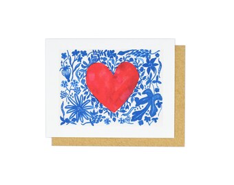 Red Heart Blue Garden All Occasion, Watercolor All Occasion Greeting Card