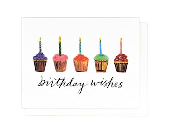 Cupcake and Candles Birthday Wishes Greeting Card, Happy Birthday, Painted Cupcakes and Candles, Calligraphy