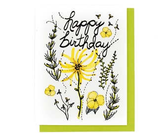 Yellow Floral Happy Birthday Greeting Card, Watercolor Garden Card, Hand Lettered