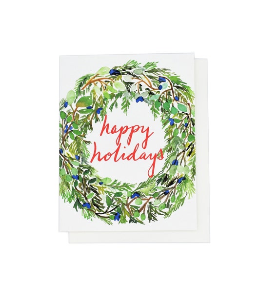Seasons Greetings Christmas Wreath Wreath Happy Holidays Greeting Card Set of 5 Hand Lettered Card Pack