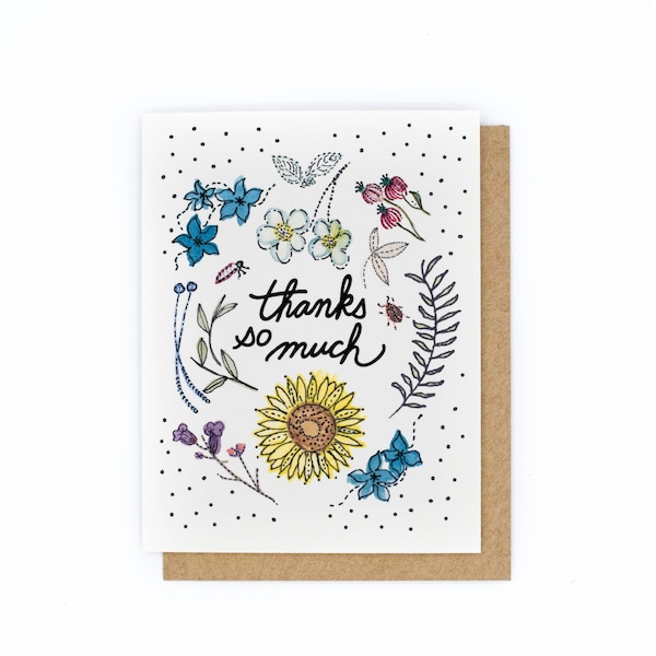 Thanks So Much Greeting Card, Thank You, Hand Painted, Floral, Yellow Sunflower, Hand Lettered