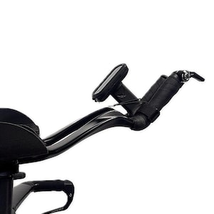 May include: Black bicycle handlebars with a padded grip and a small computer display. The handlebars curve gracefully, with a sleek, modern design. The image is set against a white background.