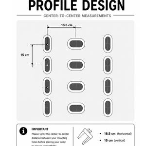 May include: A technical diagram showing a 15 cm vertical by 18.5 cm horizontal mounting hole pattern. The graphic displays a grid of twelve oval slots, labeled as compatible with Profile Design, with center-to-center measurements and instructions.