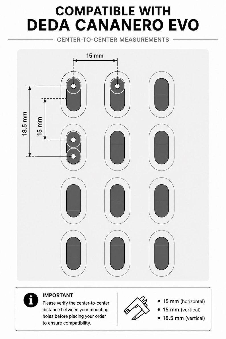 Puede incluir: Un diagrama t&eacute;cnico para la compatibilidad con Deda Cananero Evo, que muestra una cuadr&iacute;cula de doce ranuras de montaje ovaladas. El gr&aacute;fico indica medidas de centro a centro de 15 mm horizontalmente y 15 mm o 18,5 mm verticalmente, con una nota.