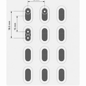 May include: A technical diagram for Deda Cananero Evo compatibility showing a grid of twelve oval mounting points. The graphic includes center-to-center measurements of 15 mm and 18.5 mm, along with an important note to verify mounting hole distances.