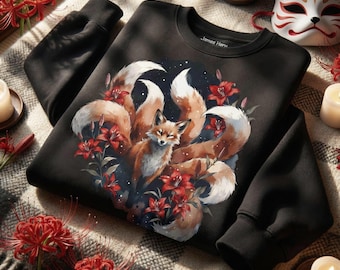 Sudadera Kitsune con estampado floral de zorro de nueve colas, mitología japonesa