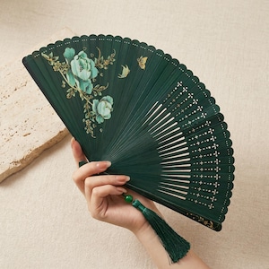 Hand-Painted Peony Bamboo Folding Fan • Green Tassel Decorative Summer Accessory
