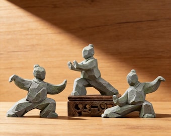 Hand Carved Green Sandstone Tai Chi Figurines, Zen Martial Art Desktop Ornament, Minimalist Decor