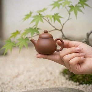 Może przedstawiać: Mały, brązowy ceramiczny imbryk z pokrywką i uchwytem. Imbryk trzymany jest w dłoni, z zielonymi liśćmi w tle. Imbryk jest w małym rozmiarze, idealny do jednej porcji herbaty.