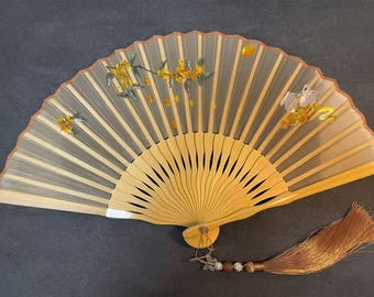 Hand Embroidered Silk Fan, Osmanthus Jade Rabbit, Bamboo Tassel, Elegant Art Gift