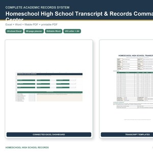 Homeschool High School Transcript Builder, GPA Credit Tracker, Academic Record Keeping Planner, Editable Excel Word Fillable PDF