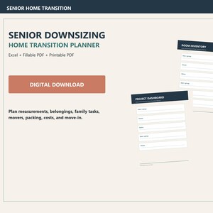 Peut inclure: Un planificateur numérique de transition résidentielle pour seniors comprenant un tableau de bord de projet et un inventaire de pièces. Le document inclut des champs pour les mesures, les biens, les tâches, le déménagement et les coûts.