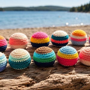 Puede incluir: Una colección de diez bolas coloridas, tejidas a mano, dispuestas sobre madera flotante. Cada bola presenta una combinación única de colores vibrantes, incluyendo rosa, naranja, azul y verde. Las bolas son esféricas y parecen estar hechas de hilo suave, de unos 7 cm de diámetro.