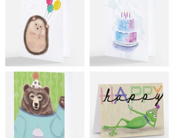 Birthday card pack | happy birthday cards with envelopes |  card set | 4-card set | blank inside |  cute animal notecards | original art